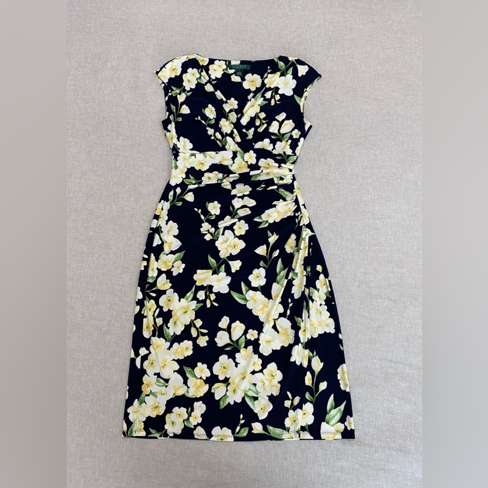 Ralph Lauren Black Floral Print Dress Faux Wrap Sleeveless Ruched Midi Dress Sz4
